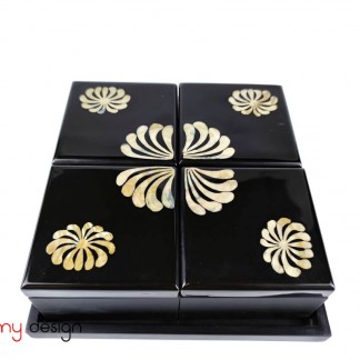  Set of 4 square black boxes 12 cm  included with tray( shape of  shell daisy on lids)